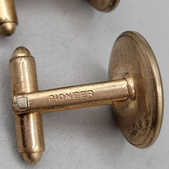 Vintage Pioneer Cufflinks Abalone Shell Inlay Gold Tone Round Design - Picture 5 of 5